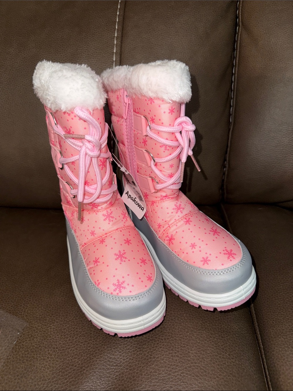 Kids Pink Snowflake Winter Boots with Faux Fur Trim